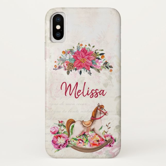 Capa Para iPhone, Case-Mate Natal Vitoriano do Cavalo Rocking e Poinsettia (Verso)