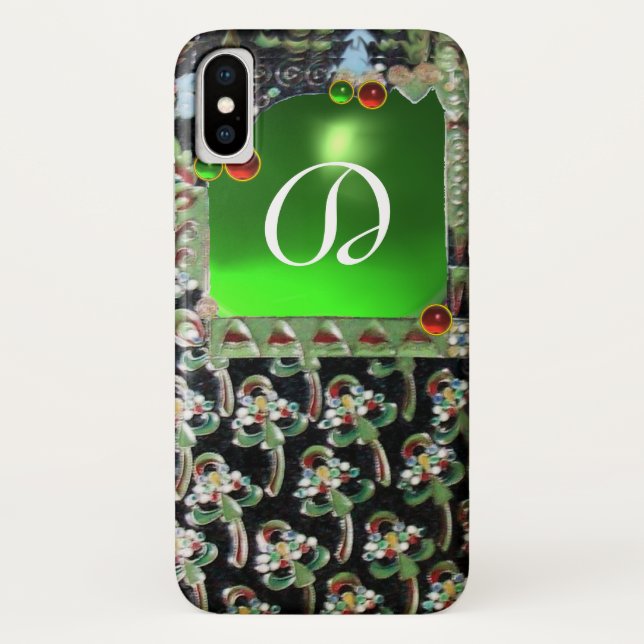 Capa Para iPhone, Case-Mate NEGRO ARTE VERDE NOUVEAU GEMSTONE MONOGRAM Emerald (Verso)