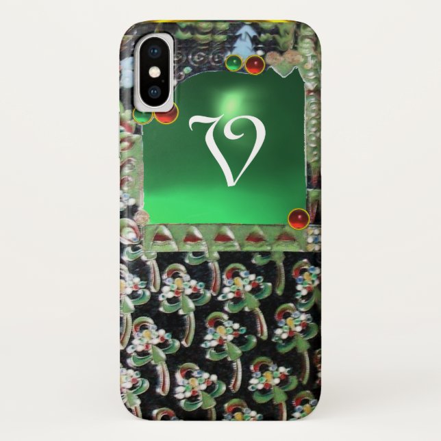 Capa Para iPhone, Case-Mate NEGRO ARTE VERDE NOUVEAU GEMSTONE MONOGRAM Emerald (Verso)