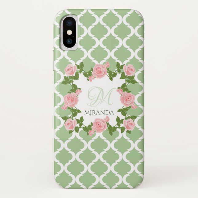 Capa Para iPhone, Case-Mate Nilo Verde Quatrefoil Rosa Monograma Rosa Rosa Com (Verso)