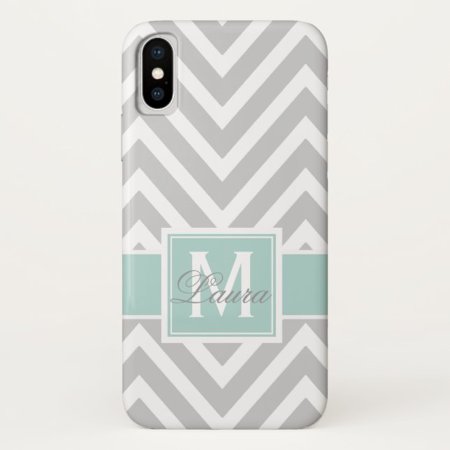 Capa Para iPhone, Case-Mate Nome cinzento do monograma de Chevron do verde (Verso)