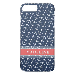 Capa iPhone 8 Plus/7 Plus Nome do Coral do Padrão de Âncora Branco Azul