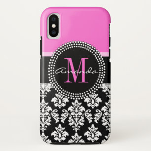 Capa Para iPhone X Nome do monograma do damasco do preto do rosa