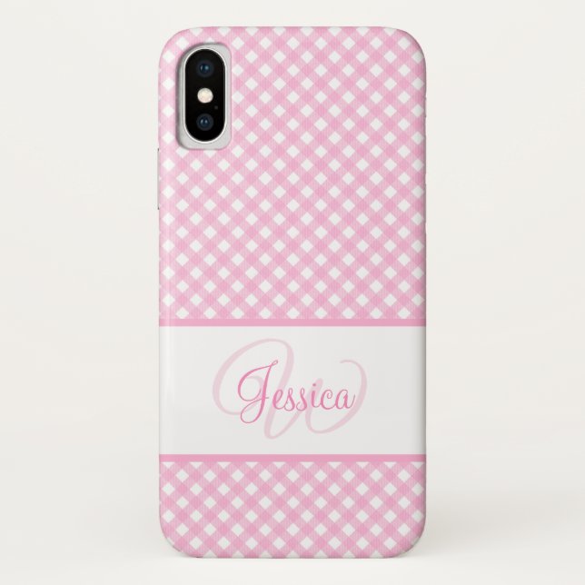Capa Para iPhone, Case-Mate Nome do Padrão Gingham Rosa Girly e Inicial (Verso)