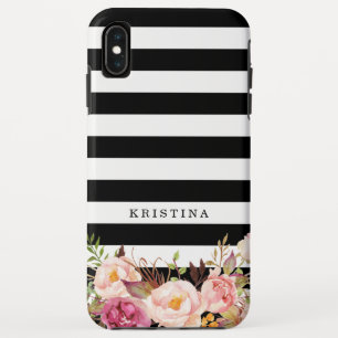 Capa Para iPhone XS Max Nome listrado branco preto floral elegante do