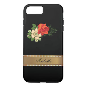 Capa iPhone 8 Plus/7 Plus Nome Personalizado Dourado da rosa vermelha e do D