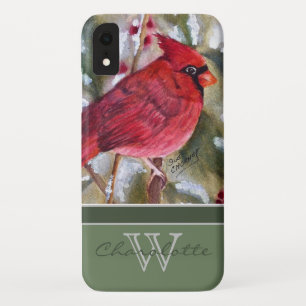 Capa Para iPhone Da Case-Mate Nome verde do monograma de w do cardeal vermelho