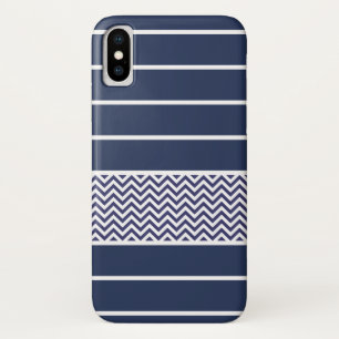 Capa Para iPhone X O branco moderno dos azuis marinhos listra o teste