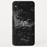 Capa Para iPhone XS Max O cromo gosta do símbolo do zodíaco do Aries em<br><div class="desc">Um cromo como o sinal do zodíaco do Aries em um fundo do impressão do mapa da constelação da astrologia de Hevelius do vintage. Uma mistura de atrevido urbano moderno e de vintage projeta para uma grande ideia feita sob encomenda do presente de aniversário. O design do bordado está disponível...</div>