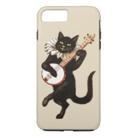 O gato preto Eyed verde do vintage joga um banjo
