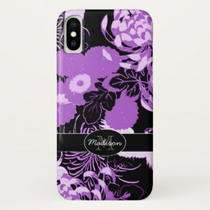 Capa Para iPhone X O roxo preto do vintage floresce o monograma dos