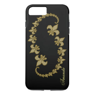Capa Para iPhone Da Case-Mate Ouro Fleur-de-lis no Monograma Personalizado preto