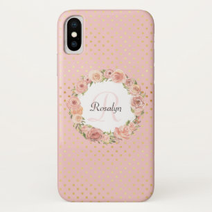 Capa Para iPhone X Ouro romântico nome Monogrammed floral pontilhado