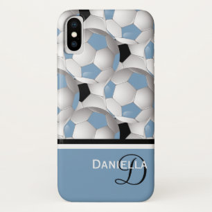 Capa Para iPhone X Padrão de bola de futebol preto azul-claro monogr