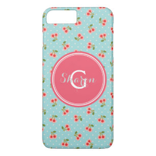 Capa iPhone 8 Plus/7 Plus Padrão de cereja turquesa retrô feminino