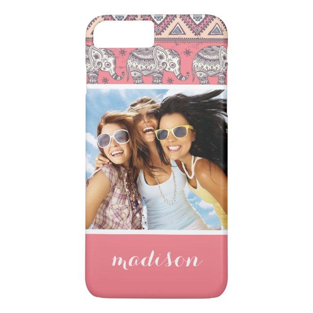 Capa Para iPhone, Case-Mate Padrão de Elephant Étnico Pink de Foto e Nome Pers (Verso)