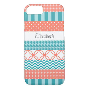 Capa iPhone 8/7 Padrão de Fita Girly Coral e Teal Washi com Nome