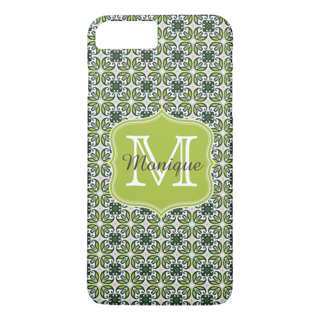 Capa Para iPhone, Case-Mate Padrão de Flores Verdes do Monograma (Verso)