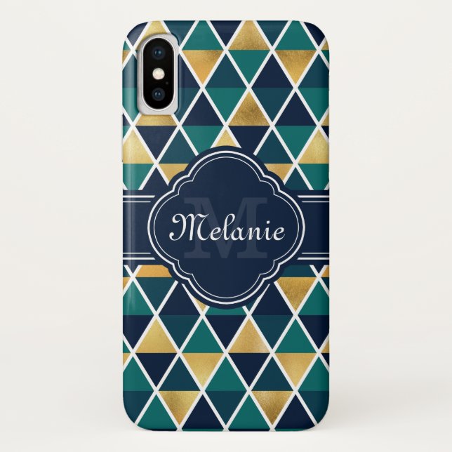 Capa Para iPhone, Case-Mate Padrão de triângulo geométrico Dourado em Teal Mon (Verso)