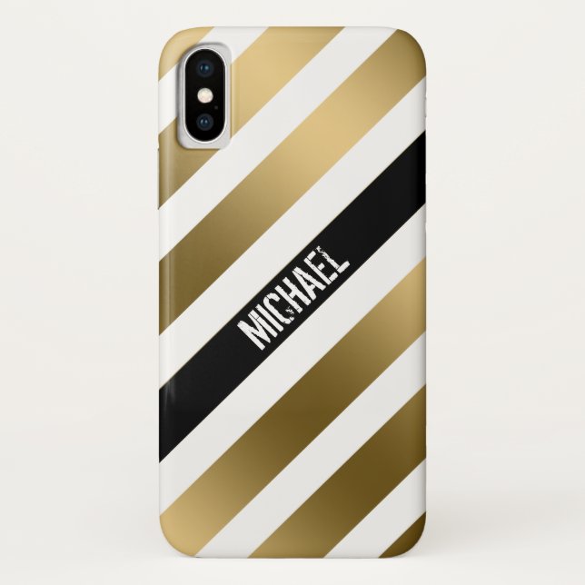 Capa Para iPhone, Case-Mate Padrão Dourado Branco E Listras Pretas (Verso)