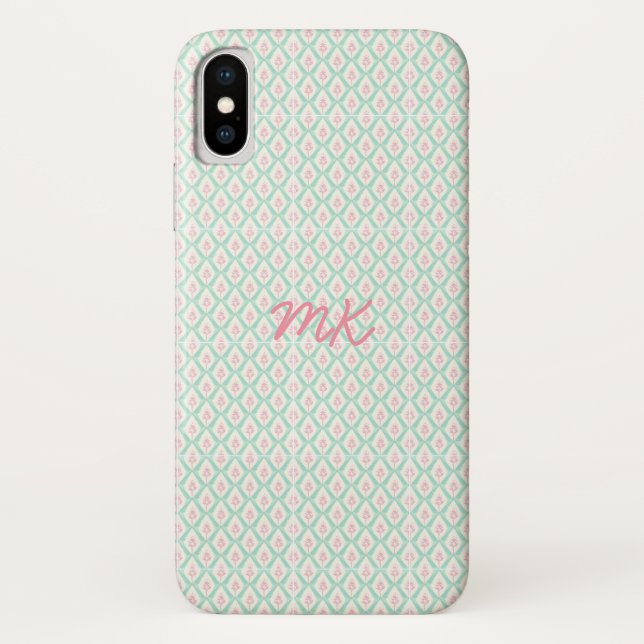 Capa Para iPhone, Case-Mate Padrão Rosa e Verde Cinza de Pastel com Iniciais (Verso)