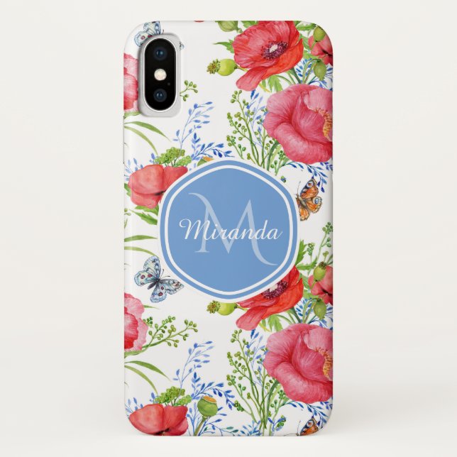 Capa Para iPhone, Case-Mate Papagaios Adoráveis Vermelhos com Borboletas Azuis (Verso)