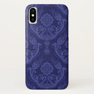 Capa Para iPhone X Papel de parede floral azul luxuoso do damasco