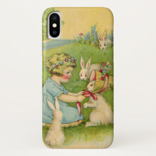 Capa Para iPhone X Páscoa do vintage, capota da menina no coelho de