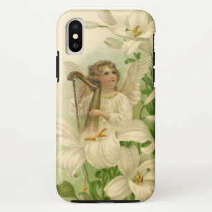 Capa Para iPhone X Páscoa Vitoriana Vintage, Anjo Harpa Flores de Lír