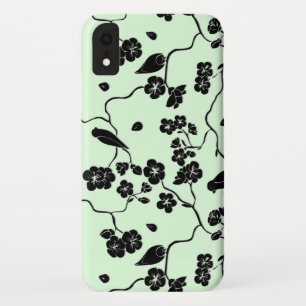 Capa Para iPhone Da Case-Mate Pássaros em Flores de Cerejeira Pretas sobre Verde