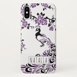 Capa Para iPhone X Pavão roxo preto e cereja floresce arte nouveau