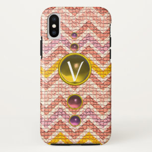 CAPA PARA iPhone XS PINK AMARELO GEMSTONAS E MOSAIC CHEVRONS MONOGRAMA