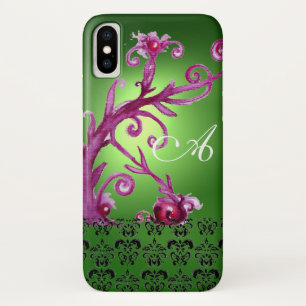 CAPA PARA iPhone X PINK GREEN FLORAL SWIRLS, BERRIES DAMASK MONOGRAM