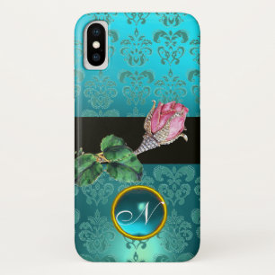 CAPA PARA iPhone X PINK ROSEBUD JEWEL, BLUE TEAL GEM MONOGRAMA