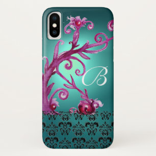 CAPA PARA iPhone X PINK TEAL BLUE FLORLS, BLACK DAMASK MONOGRAMA