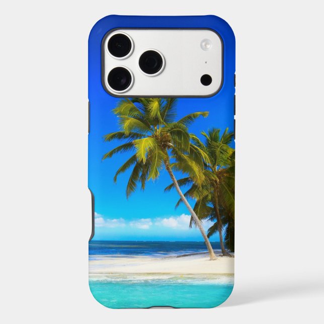 Capa Para iPhone, Case-Mate Praia Tropical (A phone case featuring a vibrant beach scene. The case is predominantly blue around the edges.)