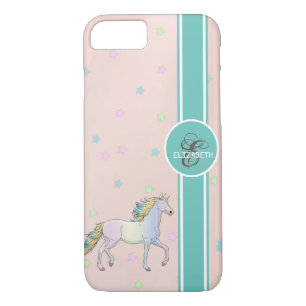 Capa iPhone 8/7 Rainbow Unicorn, Estrelas Coloridas Monograma