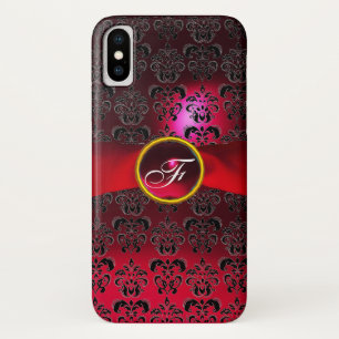 CAPA PARA iPhone X  RED BURGUNDY DAMASK RIBBON GEM MONOGRAM