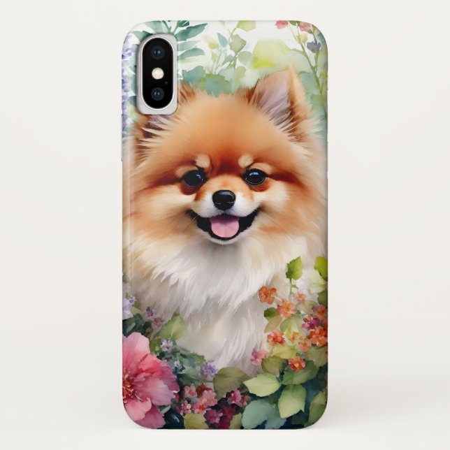 Capa Para iPhone, Case-Mate Retrato de Aquarela Floral da Pomerânia (Verso)
