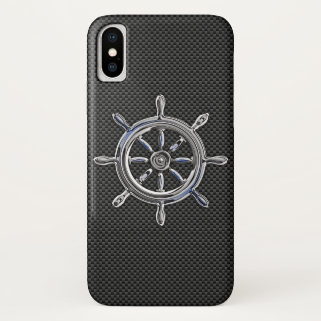 Capa Para iPhone, Case-Mate Roda Náutica Silver na Fibra de Carbono Negro (Verso)