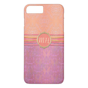 Capa iPhone 8 Plus/7 Plus Rosa Bege e Dourado Padrão de Monograma Personaliz