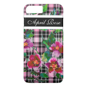 Capa iPhone 8 Plus/7 Plus Rosa do vintage preto/xadrez cor-de-rosa
