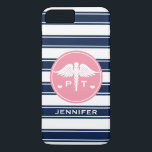 CAPA PARA iPhone DA Case-Mate ROSA E FISIOTERAPIA PINTA DA LISTRA DO MARINHO<br><div class="desc">UM TESTE PADRÃO LISTRADO AZUL ESCURO E BRANCO DO MARINHO BONITO E FORMAL COM UM CADUCEUS EM UM DESIGN CIRCULAR COR-DE-ROSA E AS LETRAS PINTA FLANQUEADAS DE DOIS COR NELE. PODE SER PERSONALIZADO COM SEU NOME. ISTO FAZ UM GRANDE PRESENTE PARA UM ESTUDANTE DA FISIOTERAPIA, UM FORMANDO, UM FISIOTERAPEUTA OU...</div>