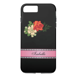 Capa iPhone 8 Plus/7 Plus Rosa Vermelha e Margaridas Rosa Nome Personalizado