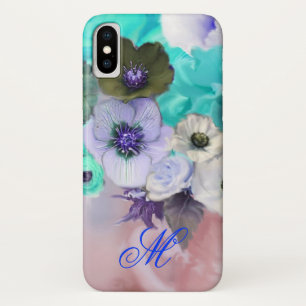CAPA PARA iPhone X ROSAS AZUIS TEAIS E ANEMONSTRAÇÕES BRANCAS MONOGRA
