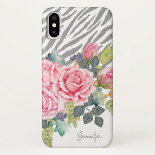 Capa Para iPhone X Rosas cor-de-rosa chiques do impressão cinzento