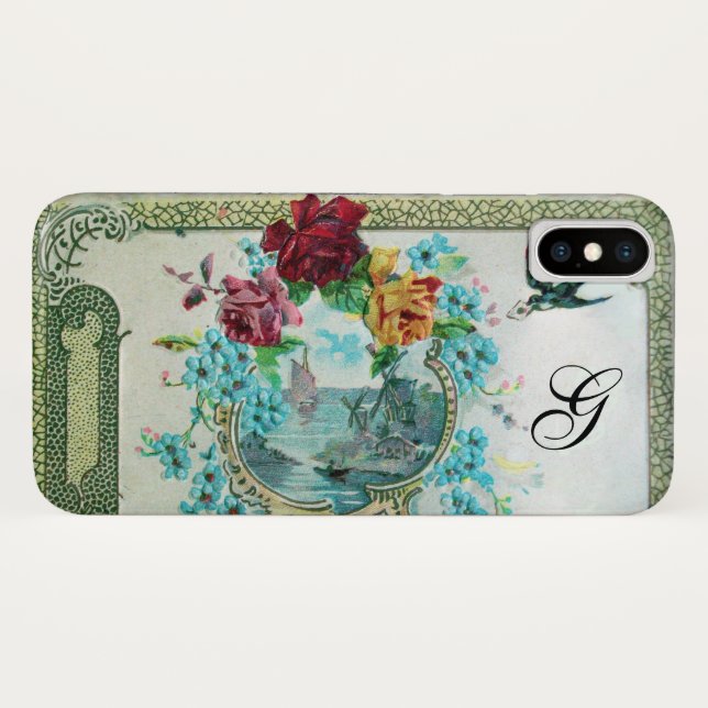CAPA PARA iPhone, Case-Mate  ROSAS FLORAIS DE MONOGRAMA ROMANTICA E PÁSSAROS VO (Verso (Horizontal))