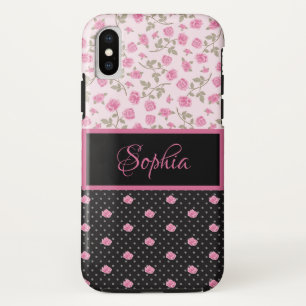 Capa Para iPhone Da Case-Mate Rosas rosa, Bolinhas brancas em monograma preto