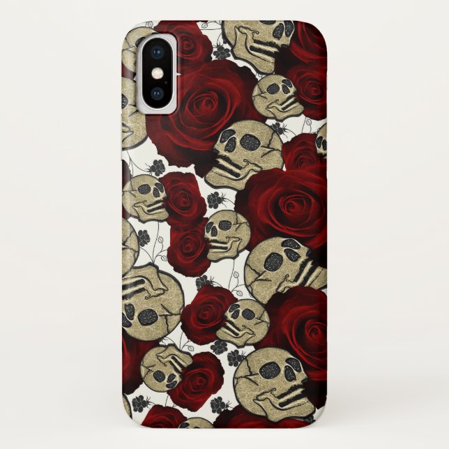 Capa Para iPhone, Case-Mate Rosas vermelhas e crânios Preto Branco Floral Pret (Verso)