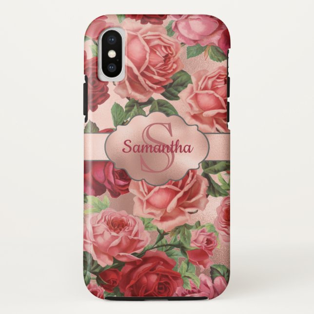 Capa Para iPhone, Case-Mate Rosas vermelhas Rosa Elegante Monogramas Florais (Verso)